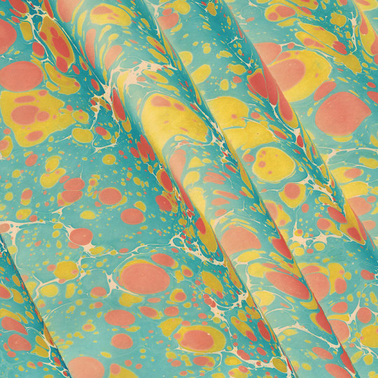 Hand Marbled Paper Spanish Wave Pattern in Blue, Yellow, Orange ~ Berretti Marbled Arts